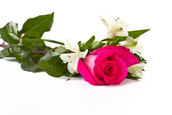 Rode rozen en witte alstroemeria — Stockfoto