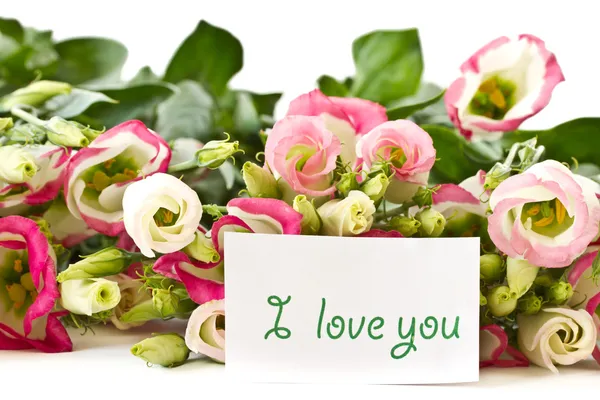 Declaration of love and a bouquet of flowers lisianthus — Stock Photo, Image
