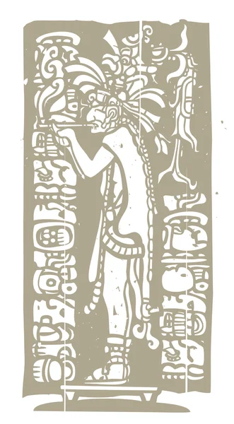 Fumar Mayan Priest Woodblock — Vector de stock