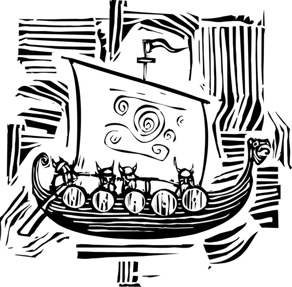 Vikingo LongShip Woodcut — Archivo Imágenes Vectoriales