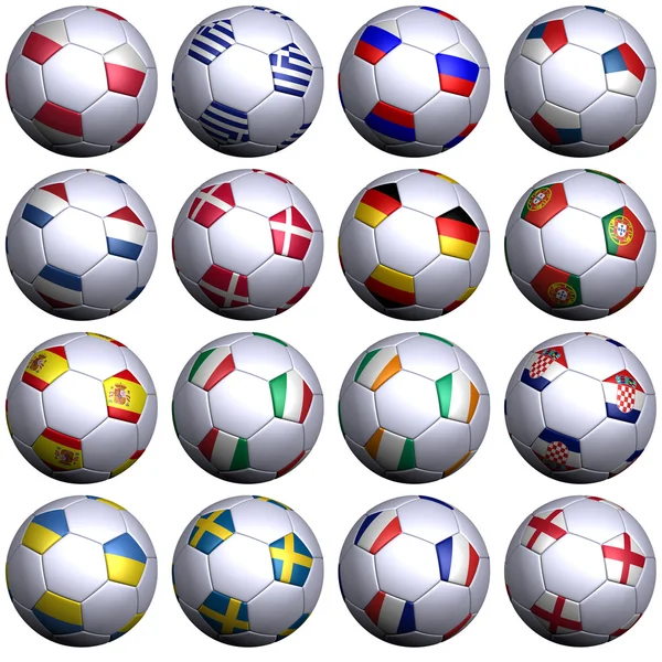 16 fotballballer med flaggene til EM i fotball 2012 – stockfoto