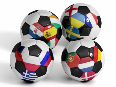 Four isolated soccer balls with flags of european countries. clipart