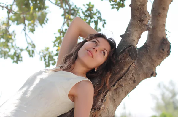 Ağaç üzerinde oturan beyaz elbiseli güzel kız — Stok fotoğraf