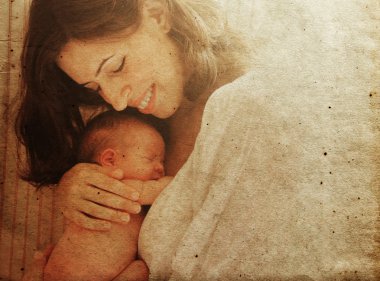 Mother with her baby.Photo in old image style. clipart