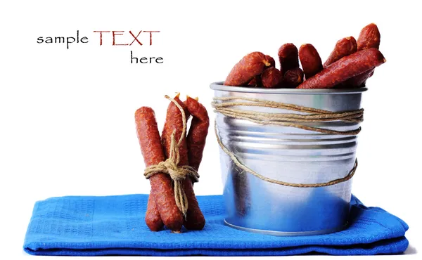 Home made meat salami sausage on bucket — Stock Photo, Image