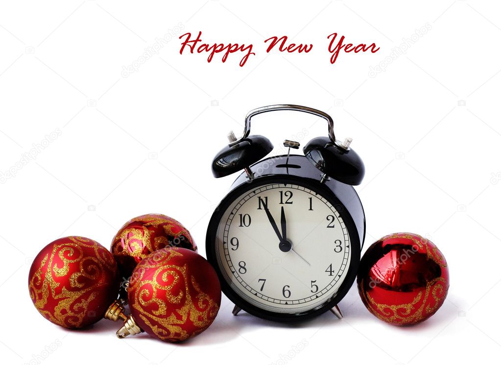 Red Christmas Balls And Alarm Clock 5 Minutes Before The New Ye