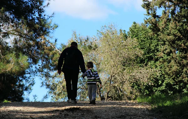 父亲和儿子走在春天的森林 — 图库照片