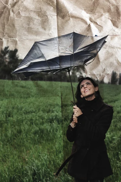 Girl with umbrella. Photo in old color image style. — Stock Photo, Image