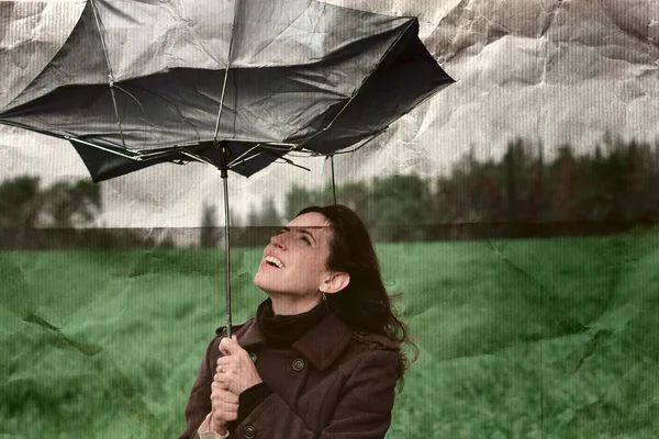 Girl with umbrella. Photo in old color image style. — Stock Photo, Image