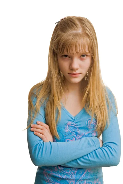 Возмущение молодой девушки в синем — стоковое фото