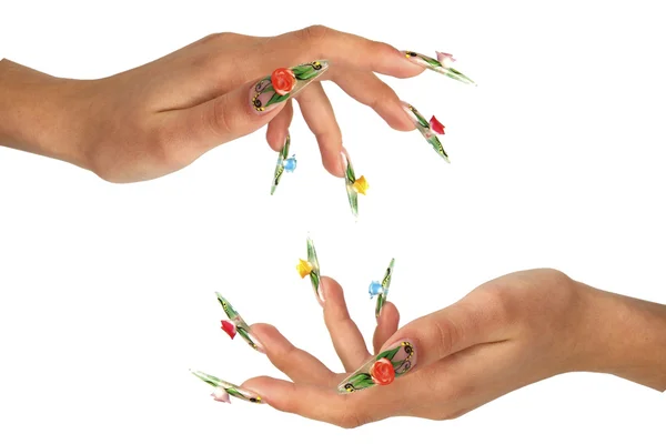 Dedos humanos com unhas longas e bela manicure isolado em branco — Fotografia de Stock