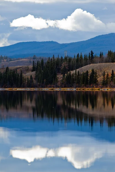 Línea eléctrica en el tranquilo lago Yukón a finales de otoño, Canadá —  Fotos de Stock