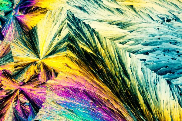 Bensoesyra kristaller i polariserat ljus — Stockfoto