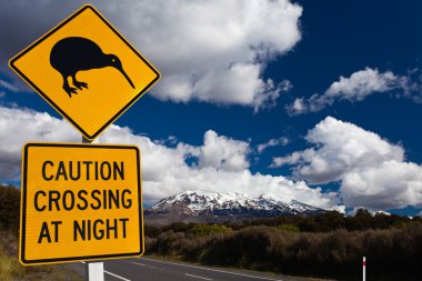 Kiwi Crossing road sign and volcano Ruapehu, NZ clipart