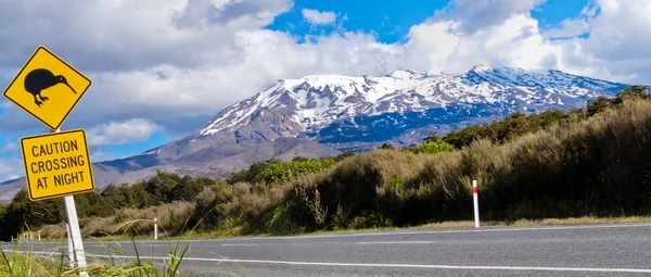 Kiwi Crossing road sign and volcano Ruapehu, NZ — Zdjęcie stockowe
