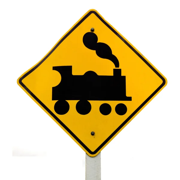 Железнодорожный переход, дорожный знак парового двигателя на белом — стоковое фото