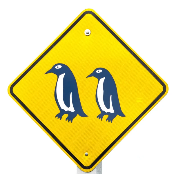 Pozornost blue penguin přes dopravní značka — Stock fotografie