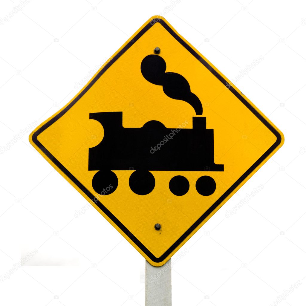 Railroad Crossing, steam engine roadsign on white