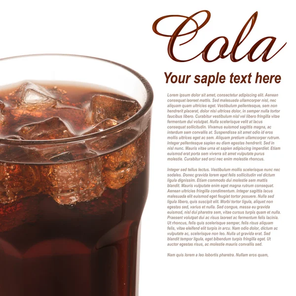 Glass of cola with ice cubes and text — Stock Photo, Image