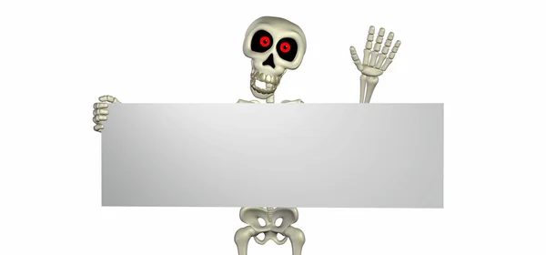 Esqueleto de dibujos animados sosteniendo un cartel — Foto de Stock
