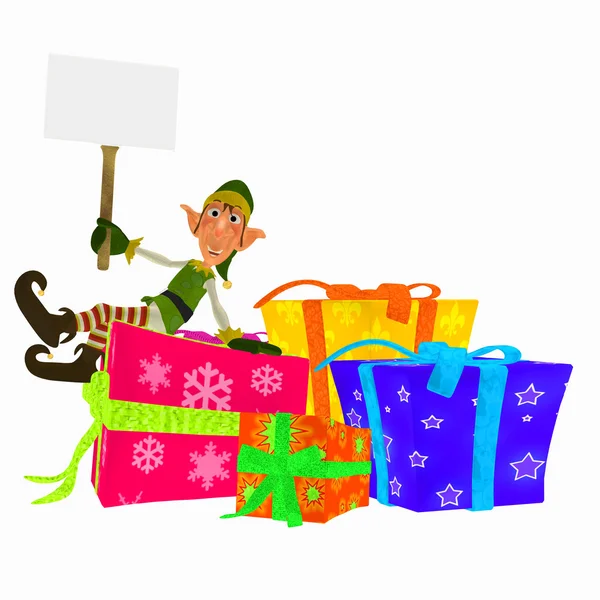 Elfo di Natale con segno e regali — Foto Stock