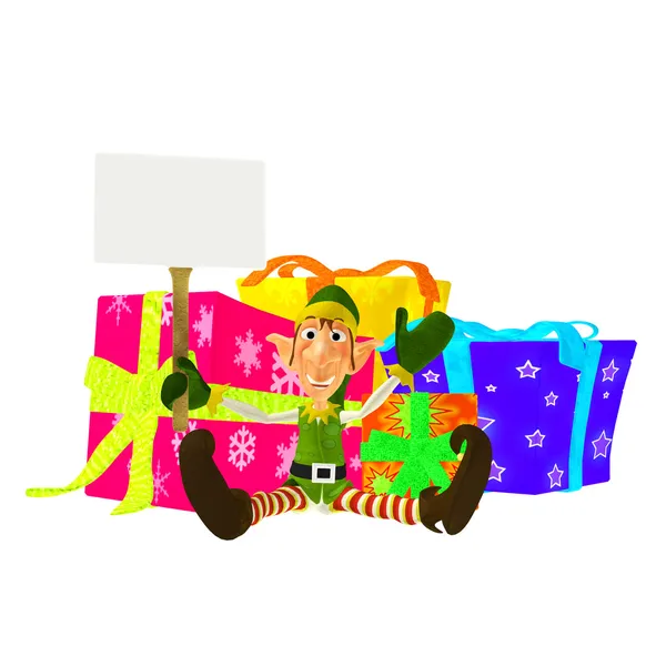Christmas Elf with Sign and Presents — Stock Photo, Image