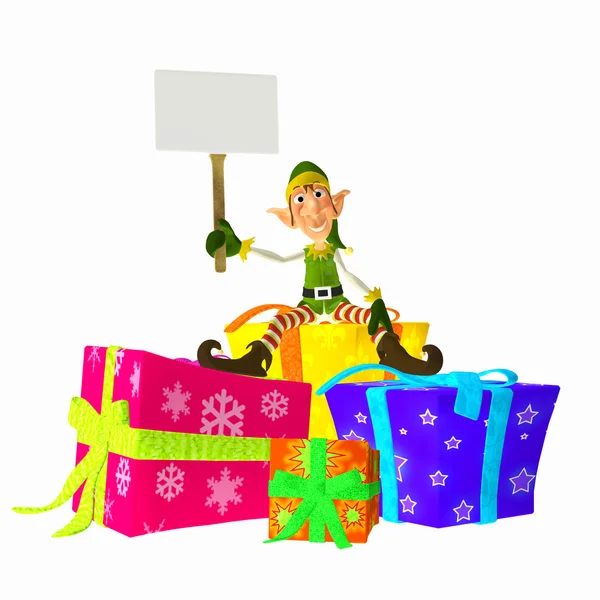 Elfo de Navidad con signo y regalos — Foto de Stock