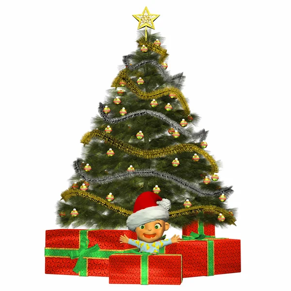 Bébé dessin animé avec arbre de Noël et cadeaux — Photo