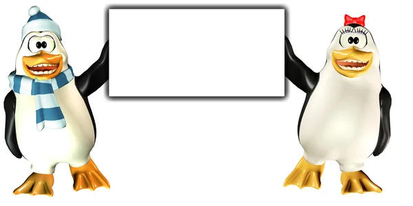 Couple of happy penguins holding a sign — Stock Photo, Image