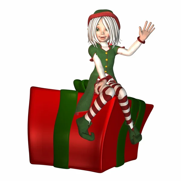 Elfo di Natale seduto su un regalo — Foto Stock