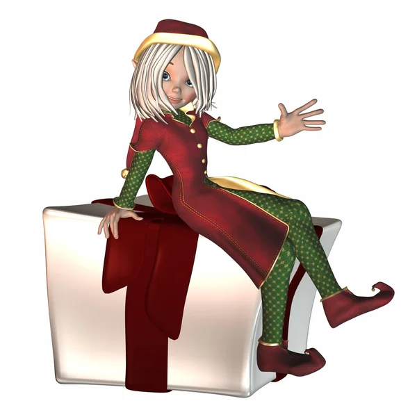 Christmas Elf sitting on a present — Stock Photo, Image