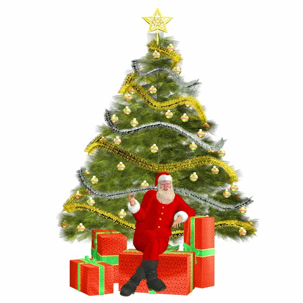 Papai Noel com árvore de natal e presentes — Fotografia de Stock