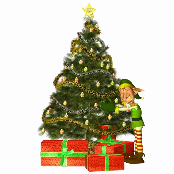 Weihnachtselfe mit Geschenken und Baum — Stockfoto