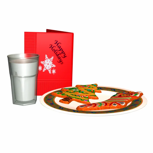 Un vaso de leche, un plato con galletas y una tarjeta de Navidad — Foto de Stock