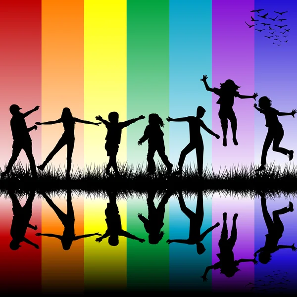 Crianças silhuetas sobre fundo arco-íris — Fotografia de Stock