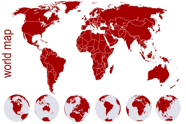 Rode wereldkaart met aarde globes — Stockfoto