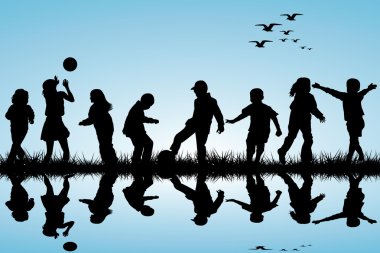 Silhouettes of children playing near a water clipart