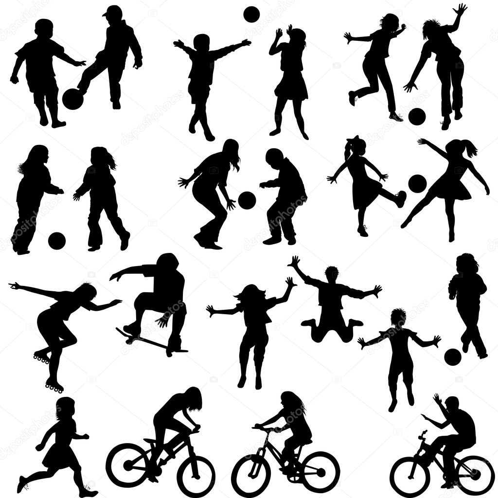 Download Group of active children, hand drawn silhouettes of kids ...