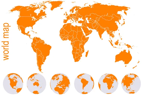 Orange mapa del mundo detallado con globos de la Tierra — Vector de stock