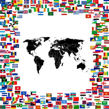 Dünya bayrakları ile çerçeveli Dünya Haritası