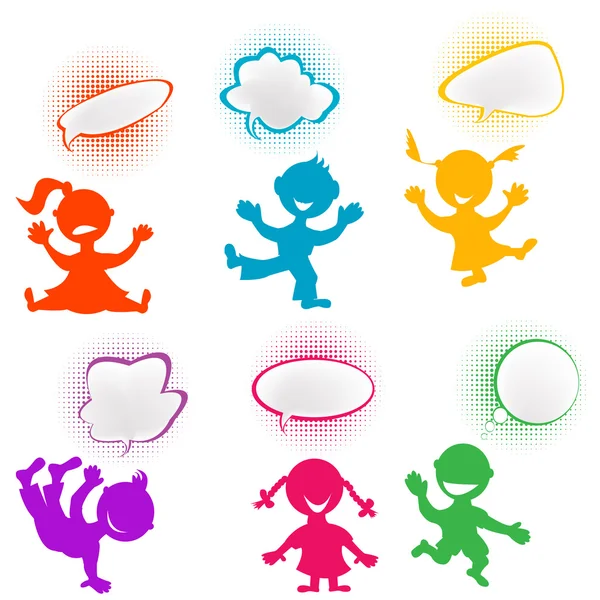 Speelse kinderen silhouetten met praatjebellen — Stockvector