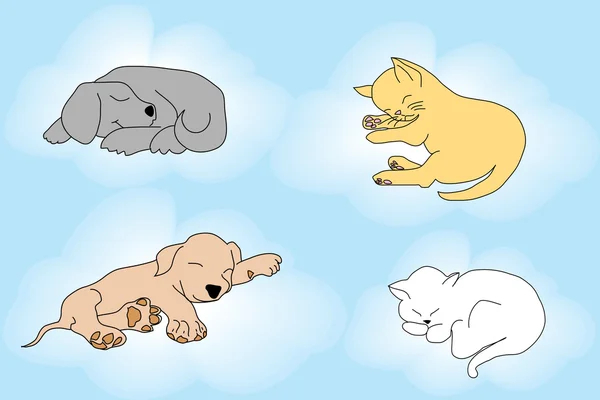 眠そうな猫と犬と一緒にかわいい背景 — ストックベクタ