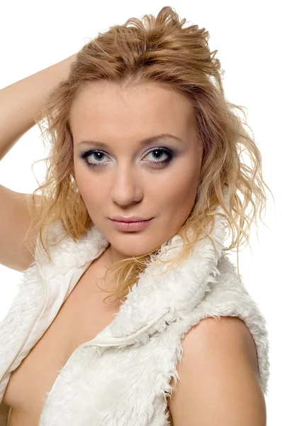 Vacker flicka blondin på vit bakgrund är isolerad — Stockfoto