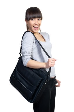 Beautiful girl brunette with black bag clipart