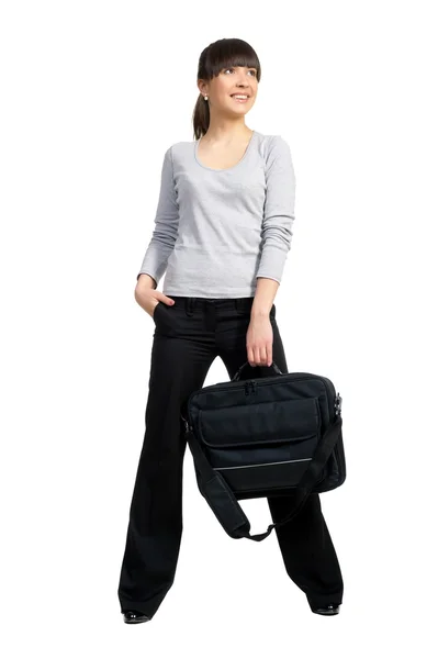 아름 다운 여자 갈색 머리 검은 가방 — 스톡 사진