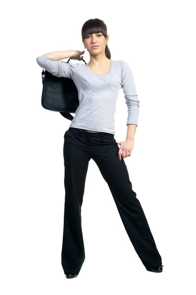 Vacker flicka brunett med svart väska — Stockfoto