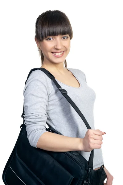 아름 다운 여자 갈색 머리 검은 가방 — 스톡 사진