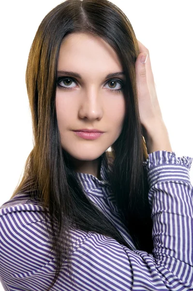 Bella ragazza sessuale bruna posa su sfondo bianco — Foto Stock