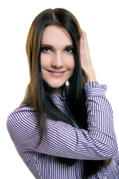 Schöne sexuelle Mädchen Brünette posieren auf weißem Hintergrund — Stockfoto
