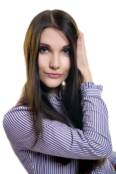 Vacker sexuella flicka brunett pose på vit bakgrund — Stockfoto